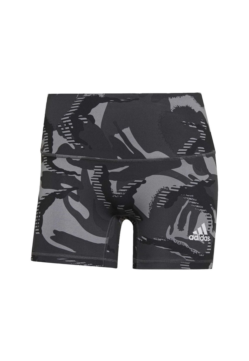 Pantalones cortos atléticos de camuflaje negro y gris con un diseño ajustado, textura suave y un logo de Adidas impreso en blanco en la parte inferior derecha.