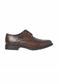 Chaussure de ville marron en cuir pour homme à lacets avec bout droit et semelle en caoutchouc noir, vue de côté extérieur sur fond blanc.