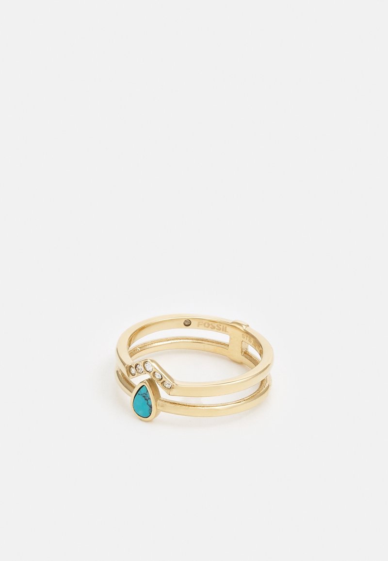 Bague en or à bande fendue avec une pierre turquoise en forme de goutte et cinq petits cristaux clairs sur un côté.