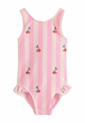 Detské plavky pre batoľatá s ružovými a bielymi pruhmi, s malými potlačami čerešní a volánikmi na nohavičkách na bielom pozadí.