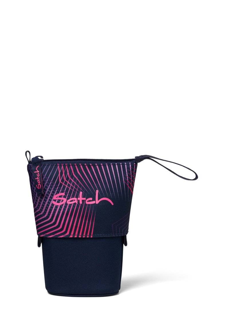 Tasche mit Reißverschluss in Marineblau, mit einem gemusterten Oberteil, das pinke Streifen aufweist. Hergestellt aus robustem Stoff, mit flachem Boden und einer Schlaufe zum Tragen.