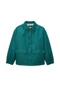 Veste en coton teal avec col, fermeture à boutons sur le devant et poches latérales. Elle présente des poignets élastiqués et un design léger.