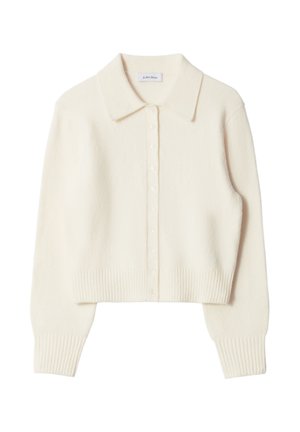 Cremfarbener Langarm-Strickcardigan mit Kragen, sieben Knöpfen, gerippten Bündchen und Saum sowie einer weichen, strukturierten Oberfläche.