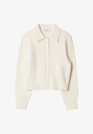 Cremfarbener Langarm-Strickcardigan mit Kragen, sieben Knöpfen, gerippten Bündchen und Saum sowie einer weichen, strukturierten Oberfläche.