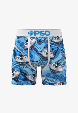 Boxerky s modrým potiskem dolarových bankovek a motivy diamantů. Pas je bílý s modrým logem "PSD".