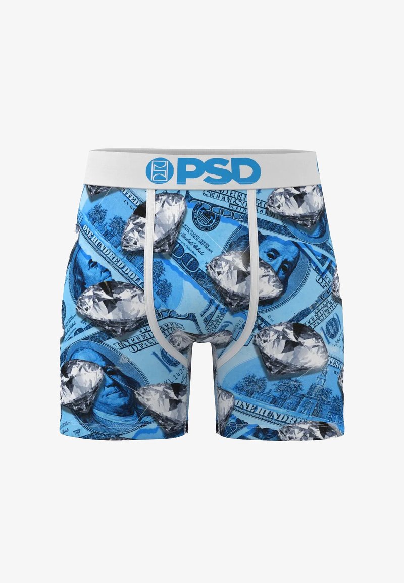 Boxer-shortsit, joissa on sininen dollarin setelikuosi ja timanttikuvioita. Vyötärönauha on valkoinen, sinisellä "PSD"-logolla.