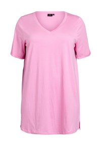 Pink cotton t-shirt featuring a V-neck, short sleeves, and side slits for ease of movement. Soft texture with a relaxed fit design.