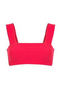 Bralette en tissu stretch rouge avec des bretelles larges, un décolleté rectangulaire et un design sans couture, idéal pour le superposition ou le port décontracté.