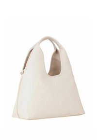 Borsa a mano in morbida pelle beige con una forma strutturata, caratterizzata da motivi floreali e logo in rilievo, un'apertura ampia e doppi manici.