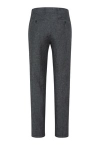 Pantaloni in lino grigi con taglio dritto, due tasche posteriori con bottoni e una finitura leggermente strutturata.