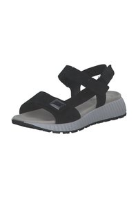 Zwarte suède sandaal met kruissandaalbanden, gecentreerd met een glanzend vierkant detail. Bevat een witte ribbelzool voor grip en comfort.