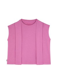 Pink sleeveless top made from soft fabric, featuring pleated design elements, a crew neckline, and a relaxed fit.