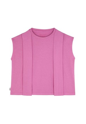 Top senza maniche rosa realizzato in tessuto morbido, con elementi di design plissettati, scollatura rotonda e vestibilità comoda.