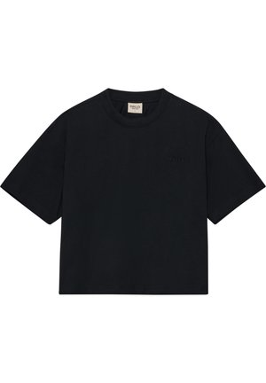 Zwarte katoenen t-shirt met een boxy ontwerp, korte mouwen en ronde hals. Beschikt over een subtiel geperst "HALO" logo op de borst.