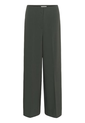 Pantalones de pierna ancha en tela verde oscuro, con una cómoda cinturilla elástica y textura suave, sin cierres ni bolsillos visibles.