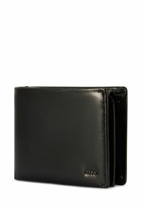 Czarny skórzany portfel dwudzielny o gładkiej teksturze, zaokrąglonych rogach i subtelnym logo w prawym dolnym rogu. Klasyczny design, kompaktowa budowa.