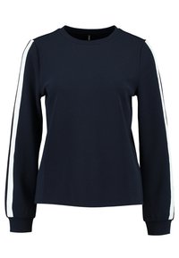 Laivaston sininen pitkähihaisen crewneck-huppari, jossa on teksturoitu kangas ja valkoiset sivuvenyt. Varustettu ribbaamalla viimeistellyillä hihoilla ja helmalla.