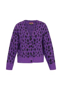Paarse gebreide cardigan met een v-hals, lange mouwen, zwart gespikkeld patroon en zwarte knopen aan de voorkant. Textuur gebreid materiaal.