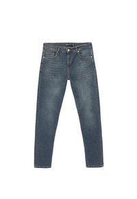 Dunkelblaue Jean mit geradem Bein, fünf Taschen und kontrastierenden Nähten. Mit Knopf- und Reißverschluss am Bund.