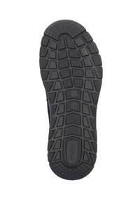 Suola di scarpa in gomma nera con un motivo di battistrada testurizzato, caratterizzato da forme e profondità variabili per trazione e stabilità.