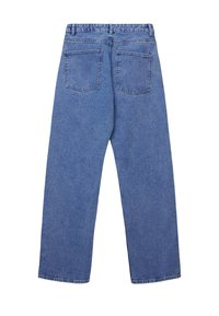 Jeans in denim azzurro chiaro con taglio dritto, dotati di due tasche posteriori e un design pulito e semplice senza decorazioni.