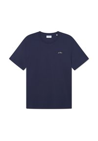 Navy blue cotton t-shirt with a crew neck, short sleeves, and a small branded logo on the left chest. Smooth texture, simple design.