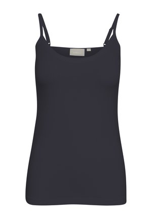 Camisetta a canotta di un blu scuro, con spalline sottili, silhouette aderente e texture liscia. Etichetta visibile all'apertura del collo.