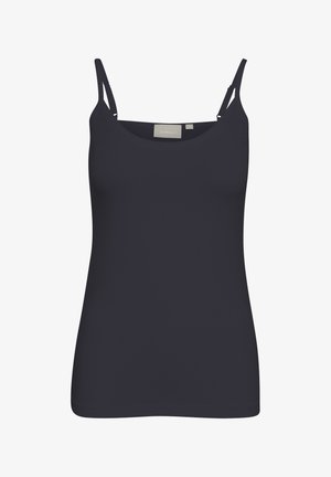 Camisetta a canotta di un blu scuro, con spalline sottili, silhouette aderente e texture liscia. Etichetta visibile all'apertura del collo.