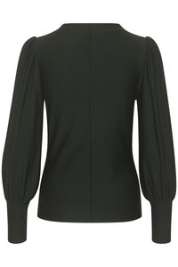 Dark green blouse with long, voluminous puff sleeves and a fitted body. Smooth fabric texture, round neckline, and seamless back design.