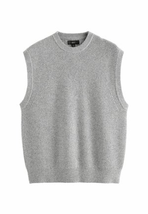 Light gray sleeveless knit sweater with a ribbed texture, round neck, and a fitted waistband. Simple design with no additional patterns or accents.