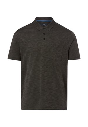 Ciemnoszara polo z krótkim rękawem, trzema czarnymi guzikami, kołnierzykiem i małą kieszonką na piersi na białym tle.