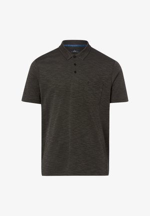 Ciemnoszara polo z krótkim rękawem, trzema czarnymi guzikami, kołnierzykiem i małą kieszonką na piersi na białym tle.