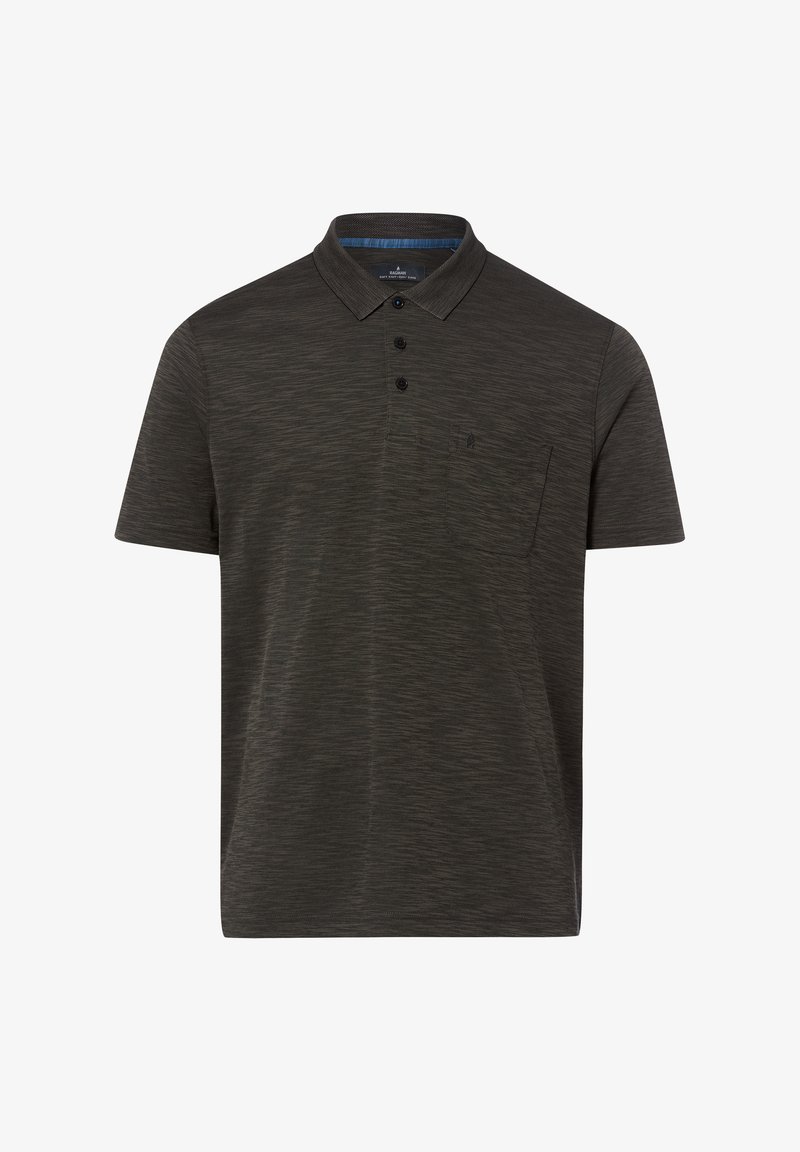 Ciemnoszara polo z krótkim rękawem, trzema czarnymi guzikami, kołnierzykiem i małą kieszonką na piersi na białym tle.