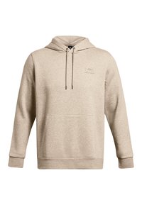 Beige hoodie med en frontlomme, justerbar snøre i hætten og ribbede manchetter. Fremstillet af et blødt, tekstureret stof.
