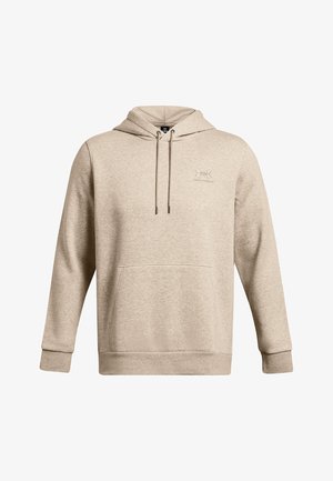 Beige hoodie med en frontlomme, justerbar snøre i hætten og ribbede manchetter. Fremstillet af et blødt, tekstureret stof.