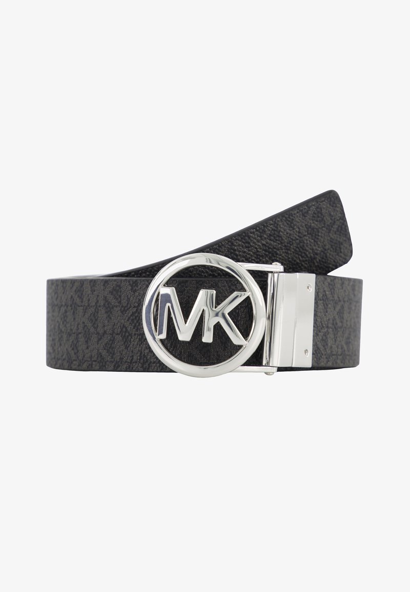 Black patterned belt made of synthetic material, featuring a silver circular buckle with engraved "MK" logo. Elegant and textured design.
