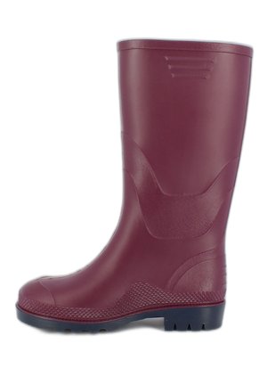 Botte en caoutchouc bourgogne avec un panneau latéral texturé et une semelle à motifs. Elle possède un bout arrondi et un bord supérieur renforcé pour plus de durabilité.