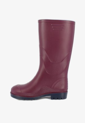 Botte en caoutchouc bourgogne avec un panneau latéral texturé et une semelle à motifs. Elle possède un bout arrondi et un bord supérieur renforcé pour plus de durabilité.