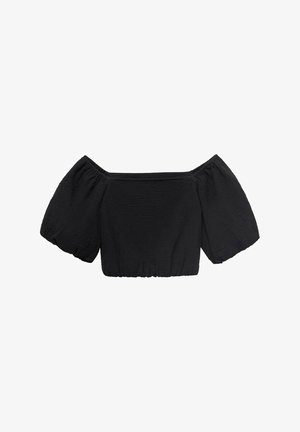 Black off-the-shoulder cropped top with puffy sleeves, made from textured fabric, featuring a fitted waistline and no visible hardware.