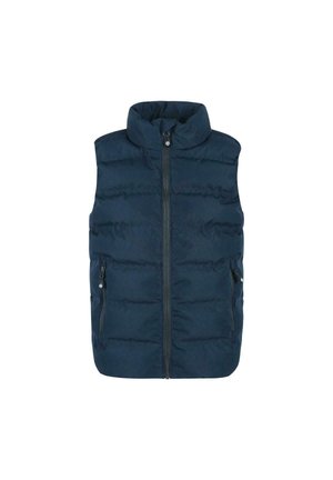 Veste sans manches matelassée bleu marine avec fermeture éclair frontale et poches latérales zippées, dotée d'un col haut.