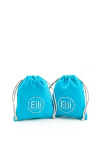 Two turquoise drawstring bags made of soft fabric, featuring a printed logo. The bags have silver-colored drawstrings and a rounded shape.