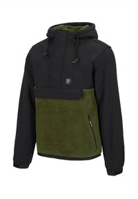 Zwarte en groene pullover hoodie met een fleece onderkant, verstelbare capuchon, zak met rits en een klein logo-opdruk op de borst.