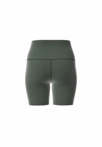Hoge taille, olijfgroene bike shorts gemaakt van rekbaar materiaal, met een gladde textuur en zonder zichtbare logo's of patronen.