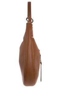 Sac d'épaule en cuir marron vu de côté avec une seule bandoulière et un détail de tirette de fermeture éclair visible.