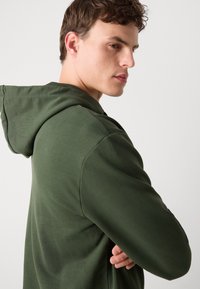 Felpa verde in cotone con cappuccio, caratterizzata da una vestibilità rilassata e una trama liscia. Notevole per il suo design semplice e l'aspetto monocolore.