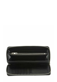 Czarny skórzany portfel z zamkiem błyskawicznym dookoła. Posiada wiele przegródek na karty, dużą komorę na zamek oraz gładką, matową teksturę.