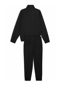 Black athletic tracksuit made of smooth fabric; features a high collar, elastic cuffs, and waistband with tapered leg design.