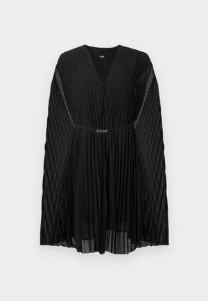 Black pleated midi dress with V-neck, sheer long sleeves, and a slim belt with metallic buckle at the waist.