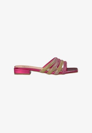 Pink satin slide shoe with a low block heel, featuring four crossed straps with gold and pink embellishments and a sleek toe design.