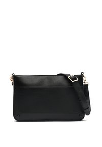 Borsa a tracolla in pelle nera con una texture liscia, forma rettangolare, tracolla regolabile e dettagli in metallo dorato. Dettaglio della tasca anteriore incluso.
